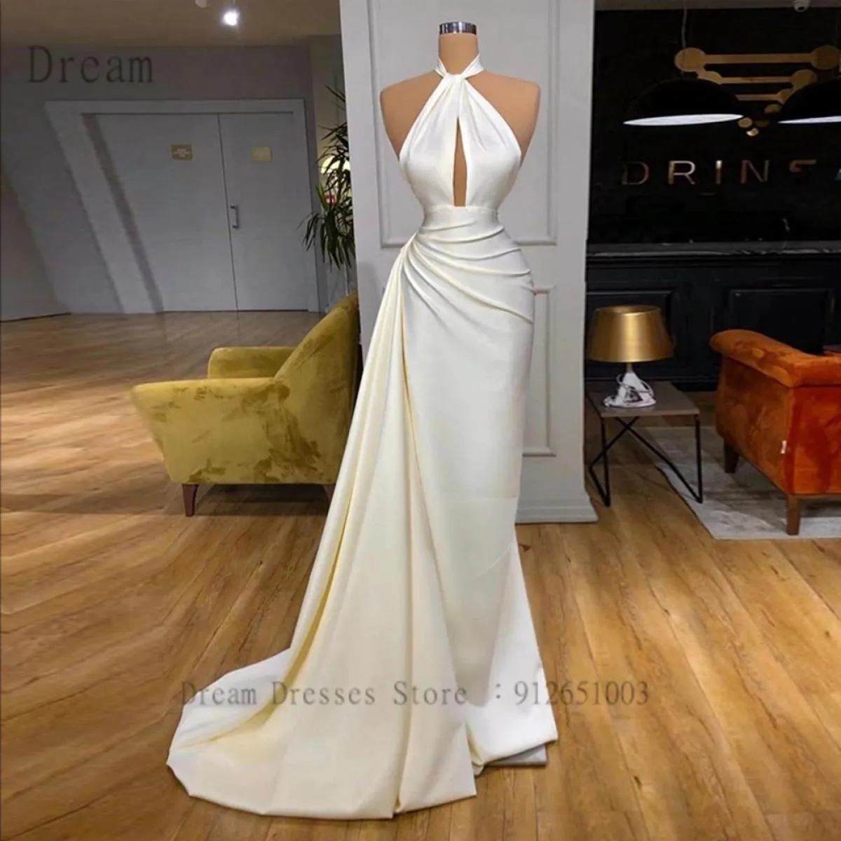 Abito da ballo con strascico alla caviglia Abito da sera in raso di alta qualità bianco moda Abiti da donna senza maniche pieghe