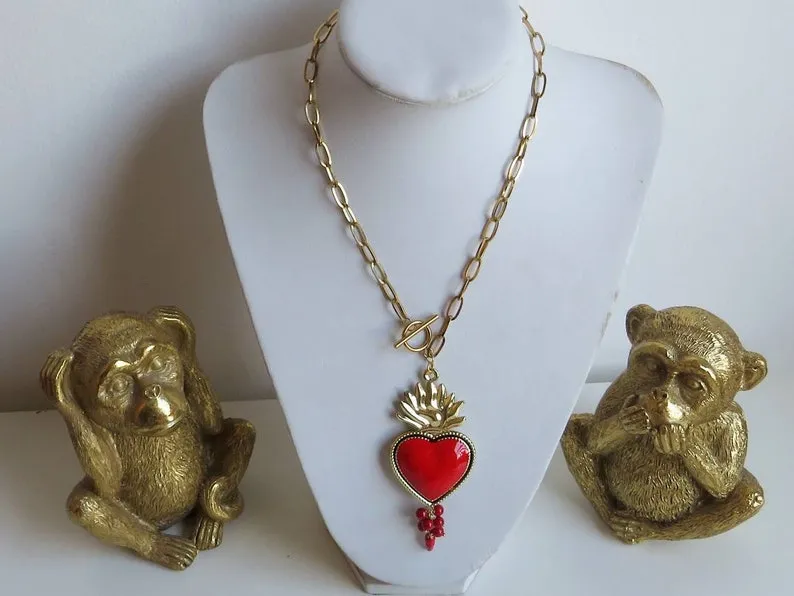 Collana a Catena con Cuore Sacro e Cornetto Rosso Portafortuna