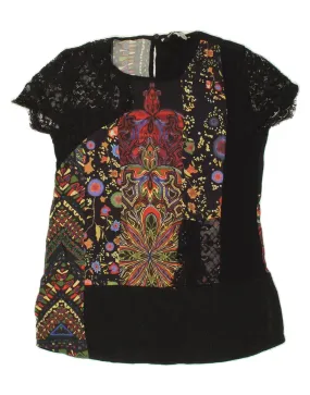 DESIGUAL Womens Graphic Blouse Top UK 6 XS Black Floral