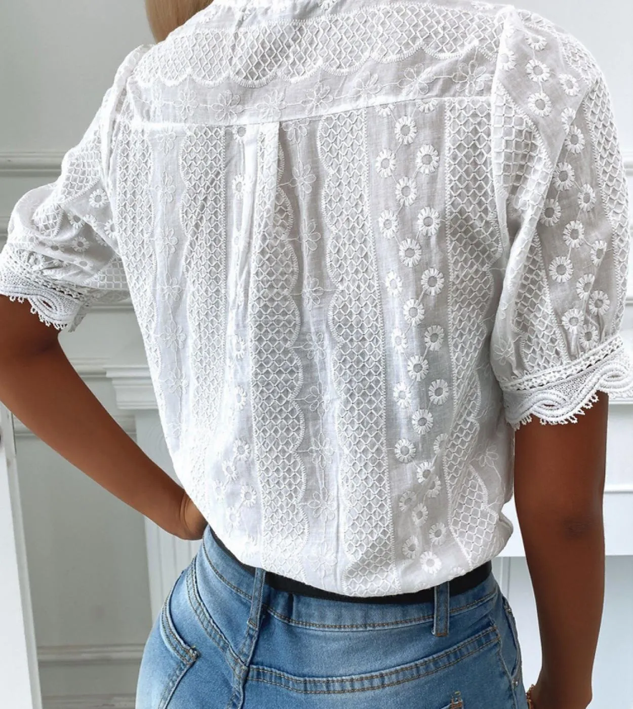 Estate Vneck Moda Camicetta di Pizzo Delle Donne Puff Manica Corta Magliette e camicette Blusas Mujer 2023 Bianco Allentato Casu