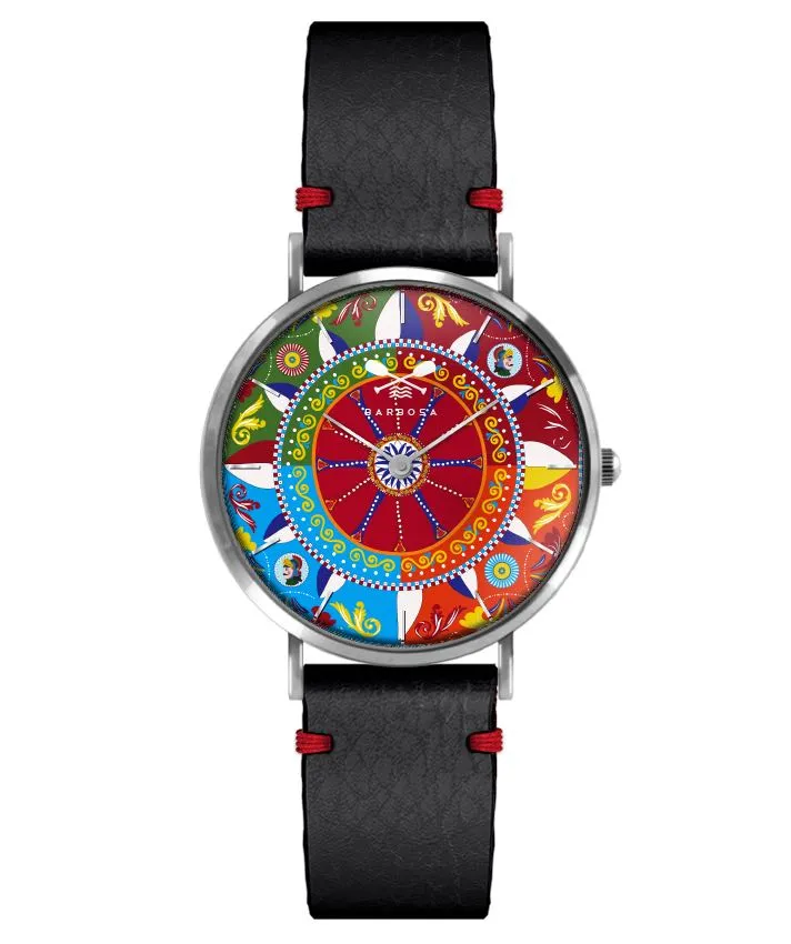 OROLOGIO SICILY MULTICOLOR dm. 36,5 PELLE NERO BANDANA ROSSA