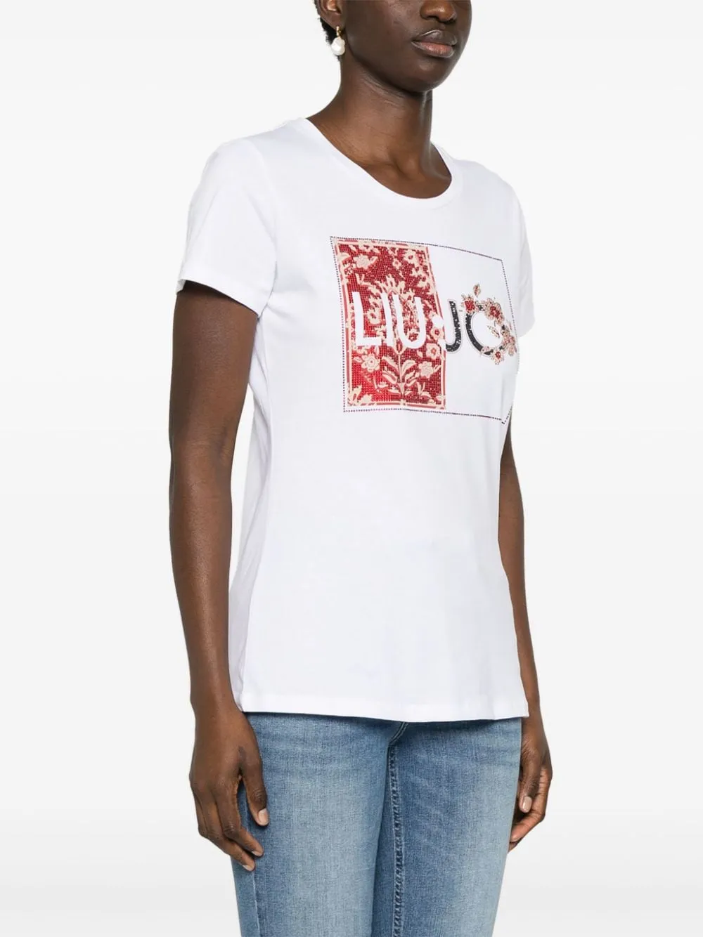 T-shirt con logo in cristalli